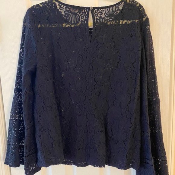 Loft Sheer Lace Navy Blue Bell Sleeve blouse top size Large - Picture 1 of 4